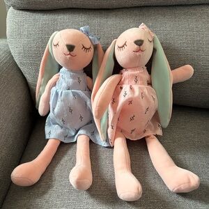 Set of 2 Plush Bunny Dolls - Pink & Light Blue Dresses